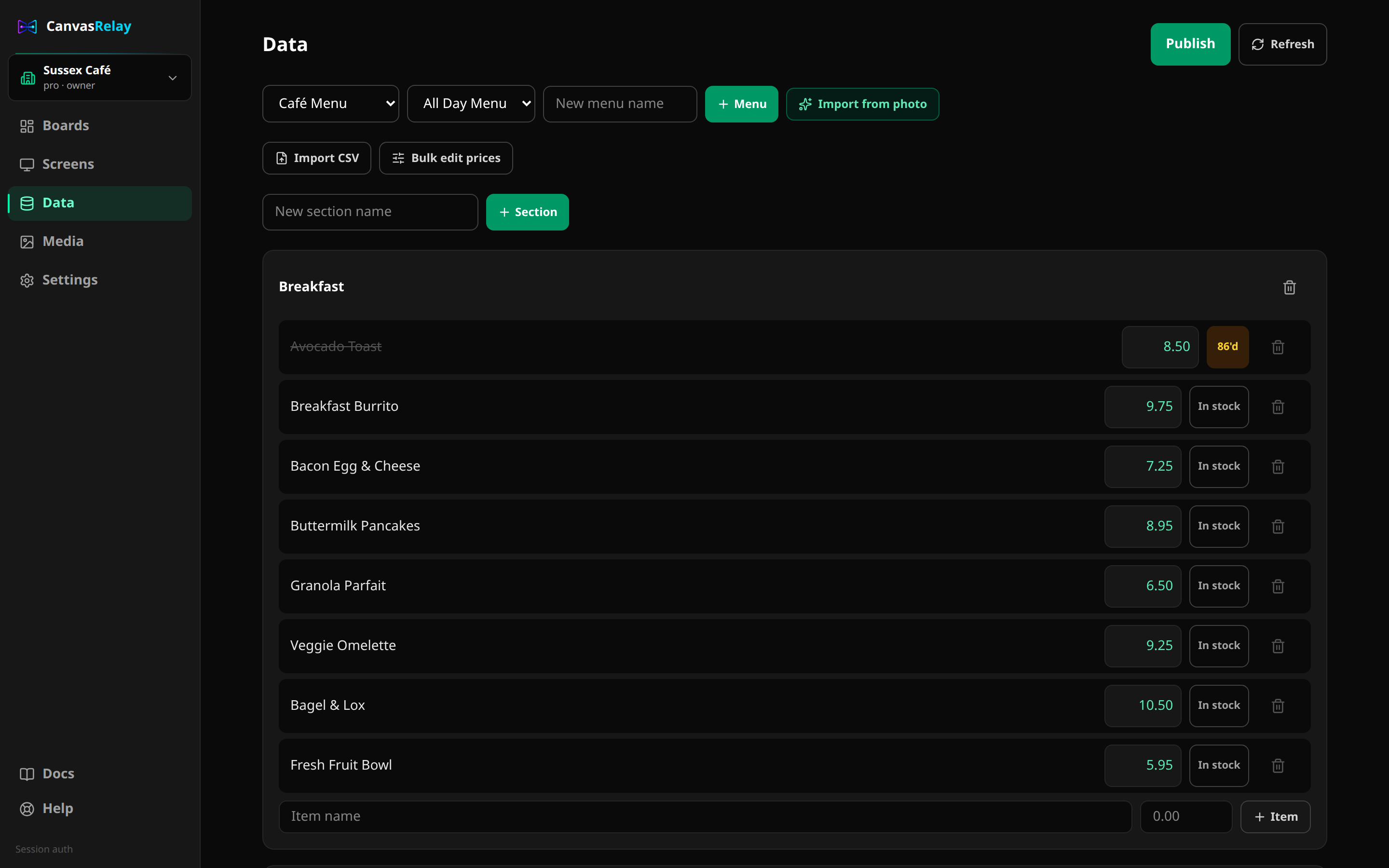 Canvas Relay data panel showing editable imported menu records before publishing